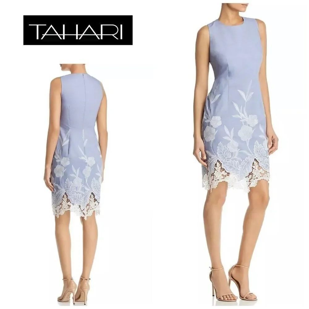 TAHARI blue embroidered scalloped lace dress. NWT